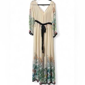 Floral Cream Sheer Maxi Dress with Black Accents